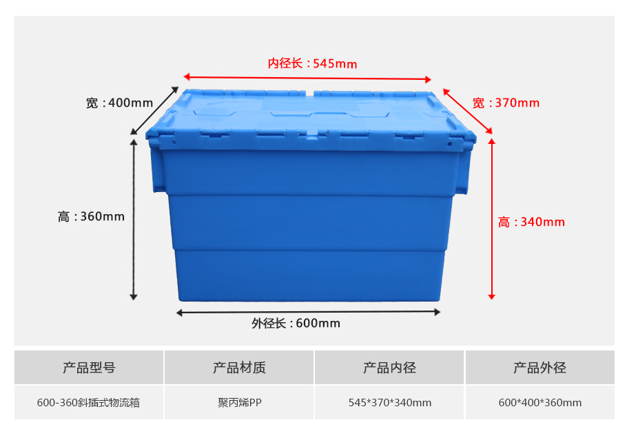 william威廉中文官网600-360斜插式塑料物流箱-带盖正面展示