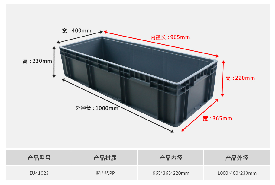 william威廉中文官网EU41023塑料物流箱正面展示，1米加长型较深设计带加强筋