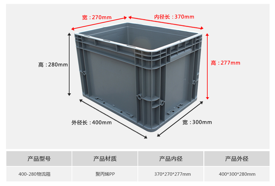 william威廉中文官网400-280塑料物流箱正面展示，常规底面积深口型设计带加强筋