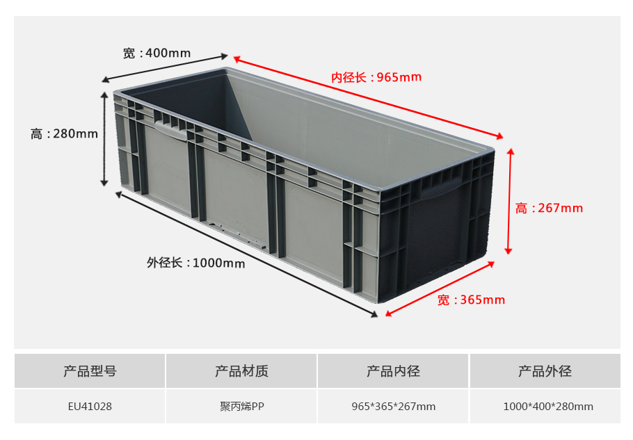 william威廉中文官网EU41028塑料物流箱正面展示，1米加长型较深设计带加强筋